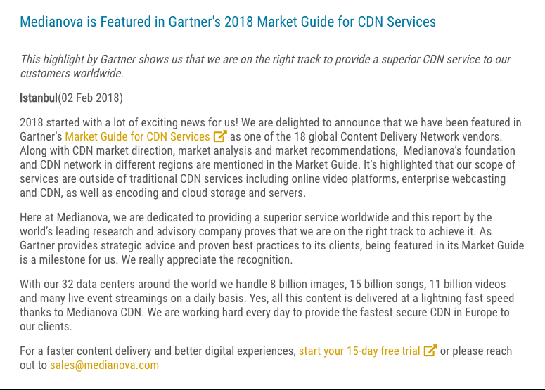 Medianova Recognized in Gartner's 2018 Market Guide for CDN Services
