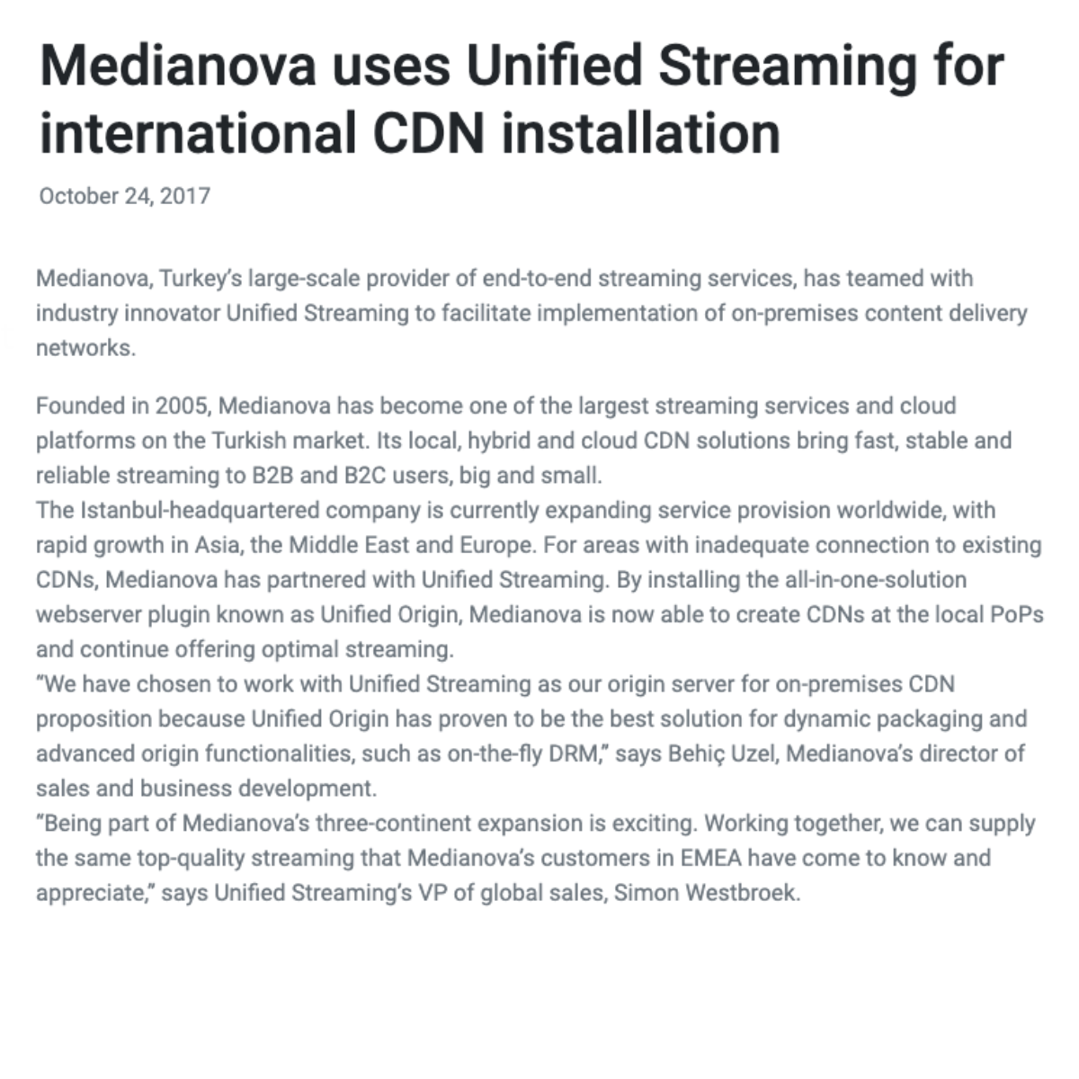 Medianova Uses Unified Streaming for International CDN Installation