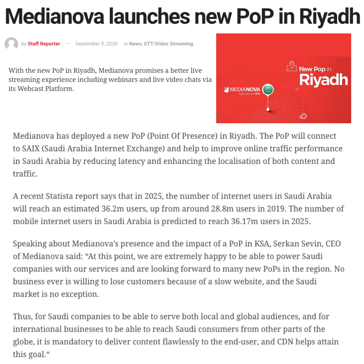 Medianova launches new PoP in Riyadh